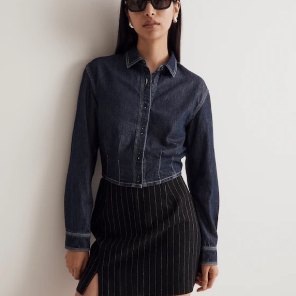 Madewell Blue Denim Pleated Corset Crop Button Down Western Shirt XXS Like NEW